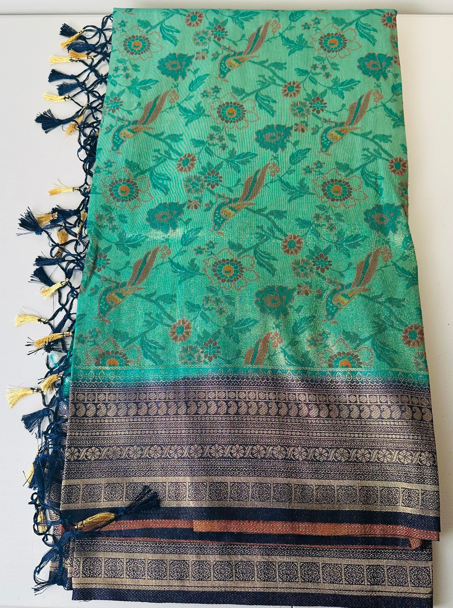 Green Silk Saree with Floral & Bird Motifs