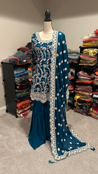 Teal Blue Embroidery Gharara