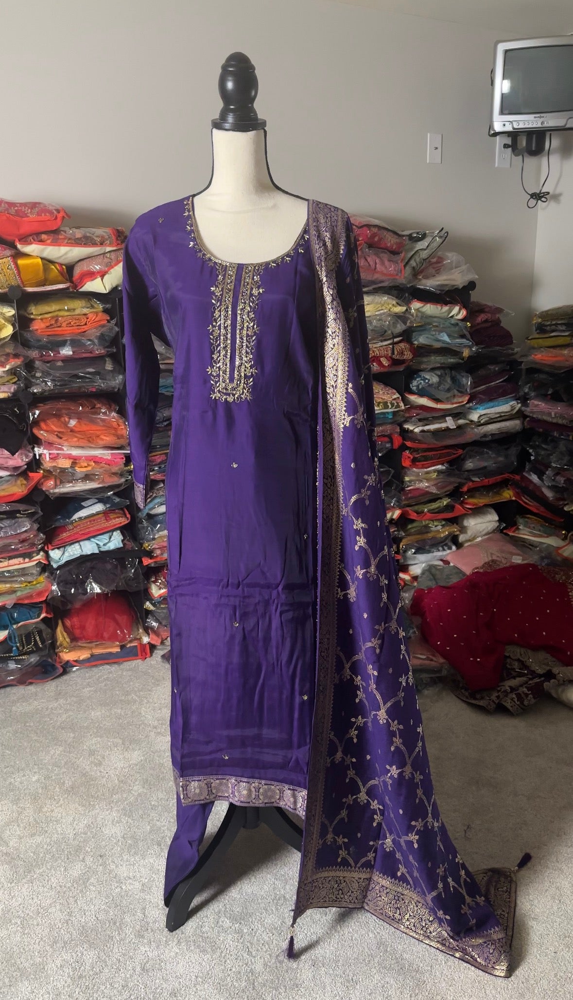 Purple Silk Embroidered Suit Set