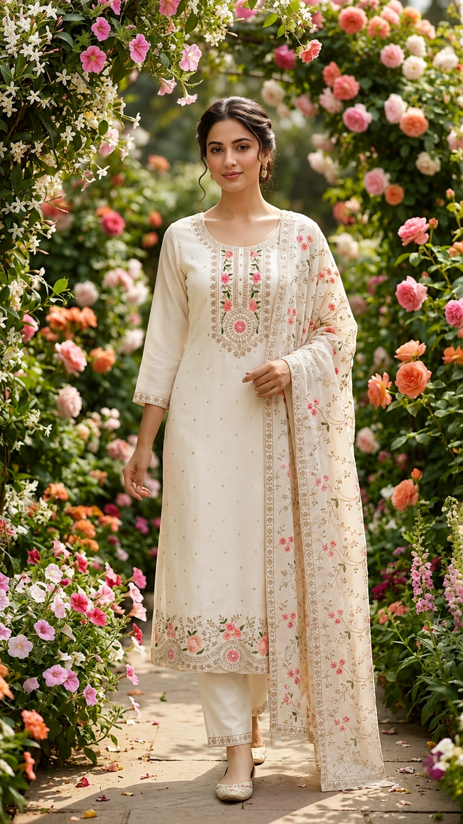 Ivory Silk Floral Embroidered Salwar Suit