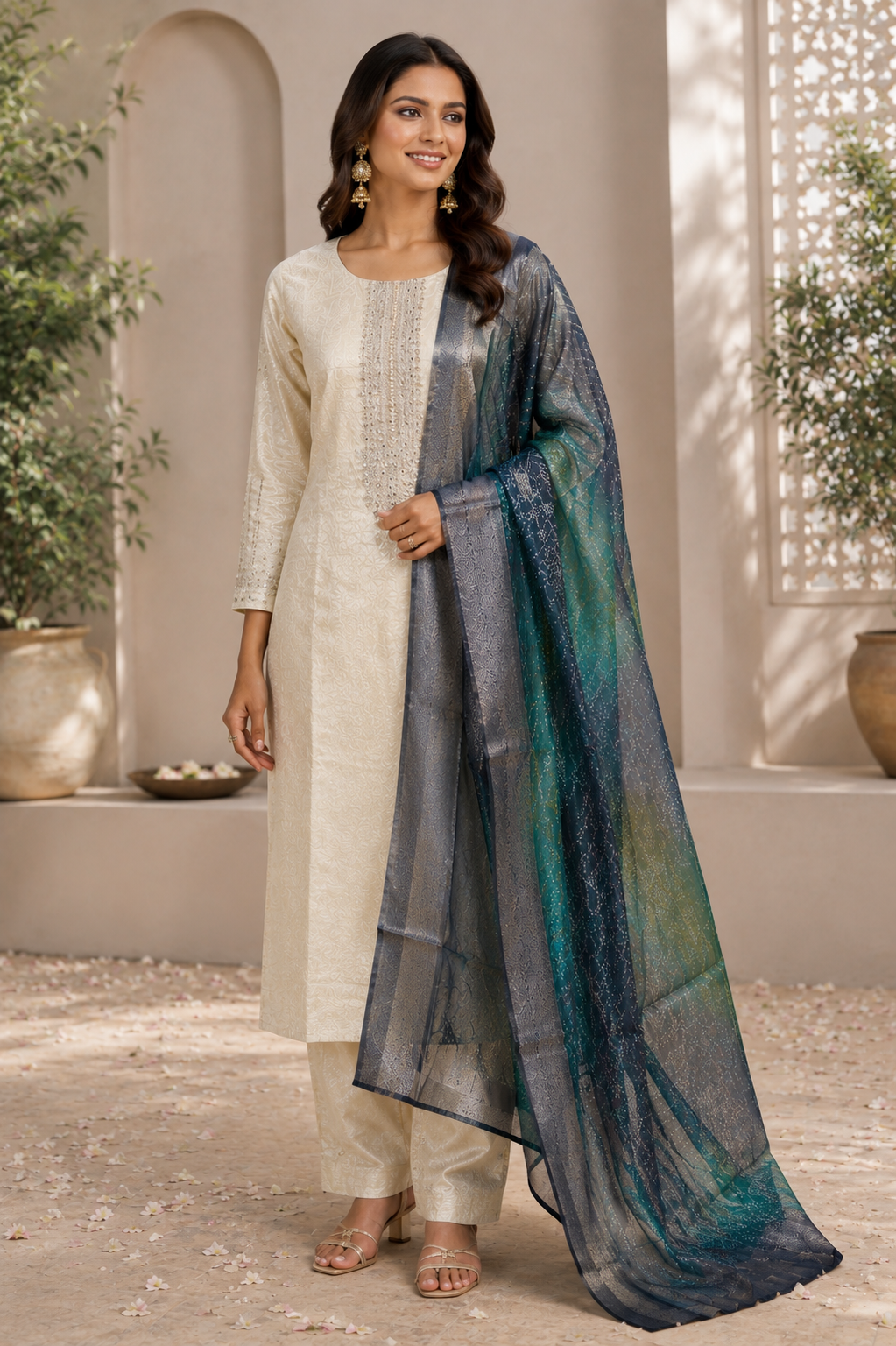 Ivory silk salwar kameez with embroidery, straight pants and blue teal woven dupatta by Spark In Style