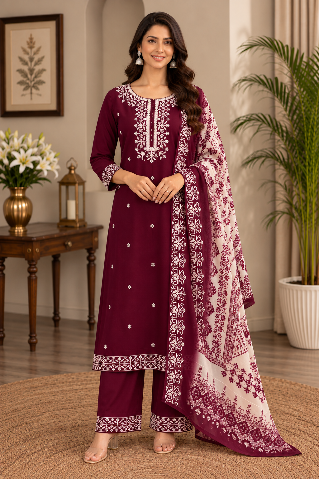 Deep Wine Silk Salwar Suit with White Embroidery
