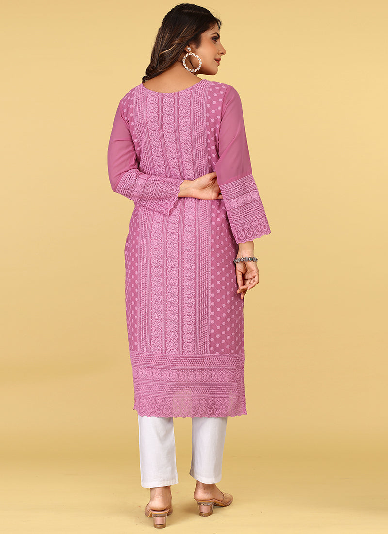 Peach pink georgette A-line kurti with floral embroidered and crochet –  MyBudgetStore.in