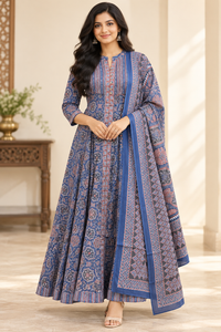 Navy Blue Cotton Anarkali Kurta with Dupatta