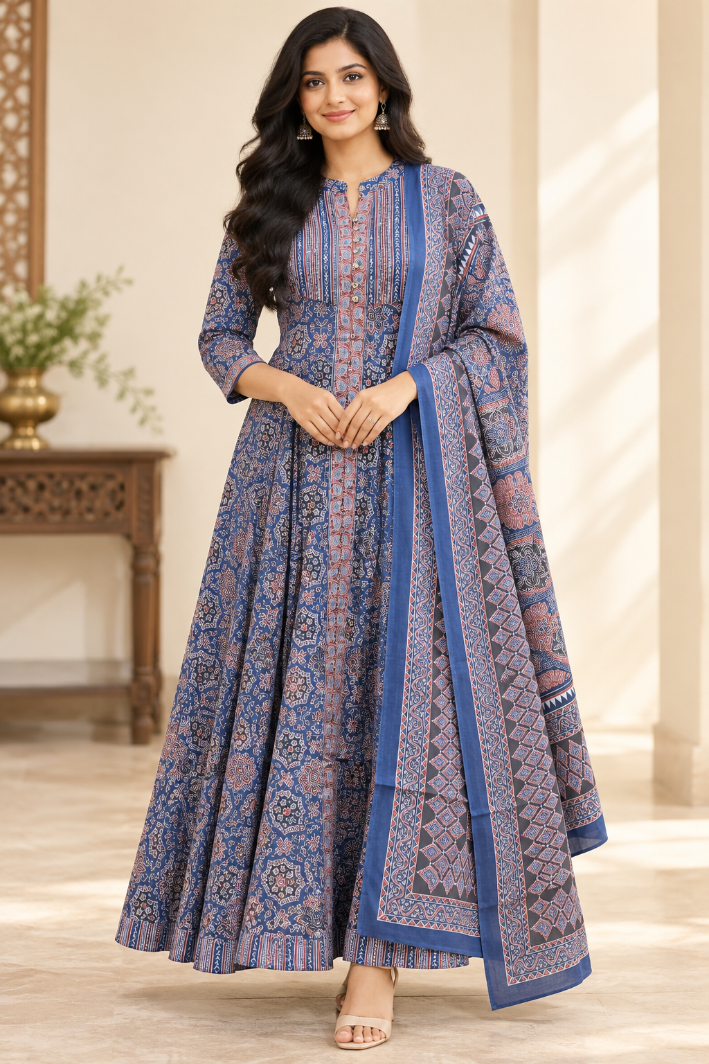 Navy Blue Cotton Anarkali Kurta with Dupatta