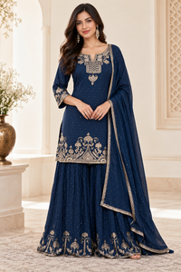 Model wearing navy blue silk sharara suit with silver embroidered kurta, wide-flared pants and matching dupatta – Spark In Style
