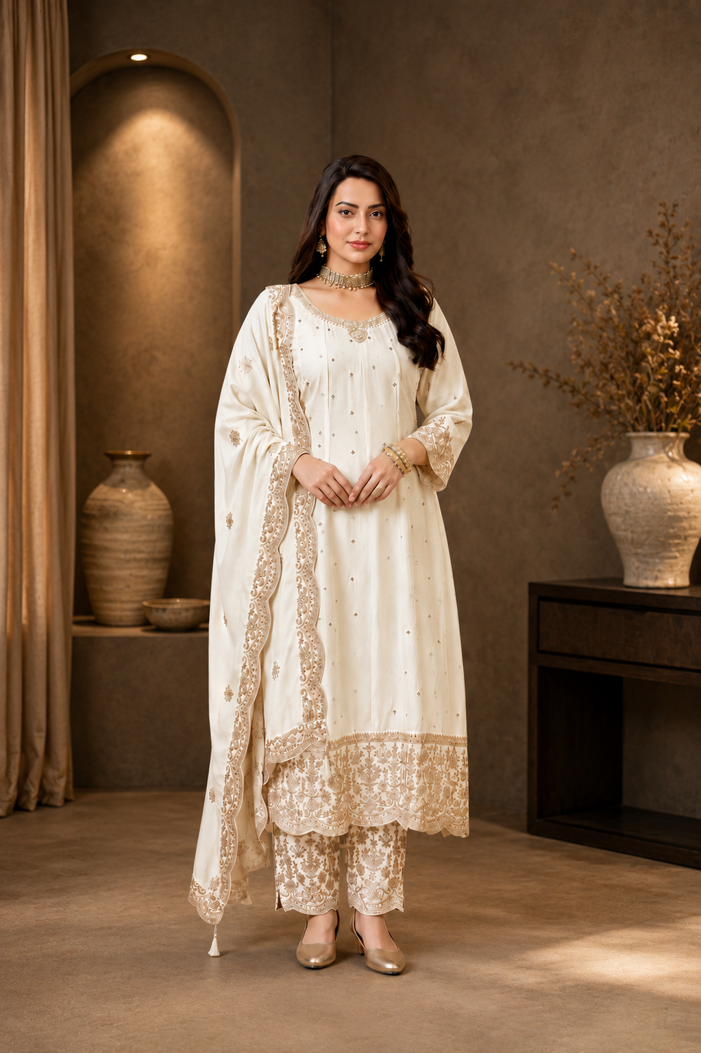 Ivory Silk Anarkali Suit with Gold Embroidery