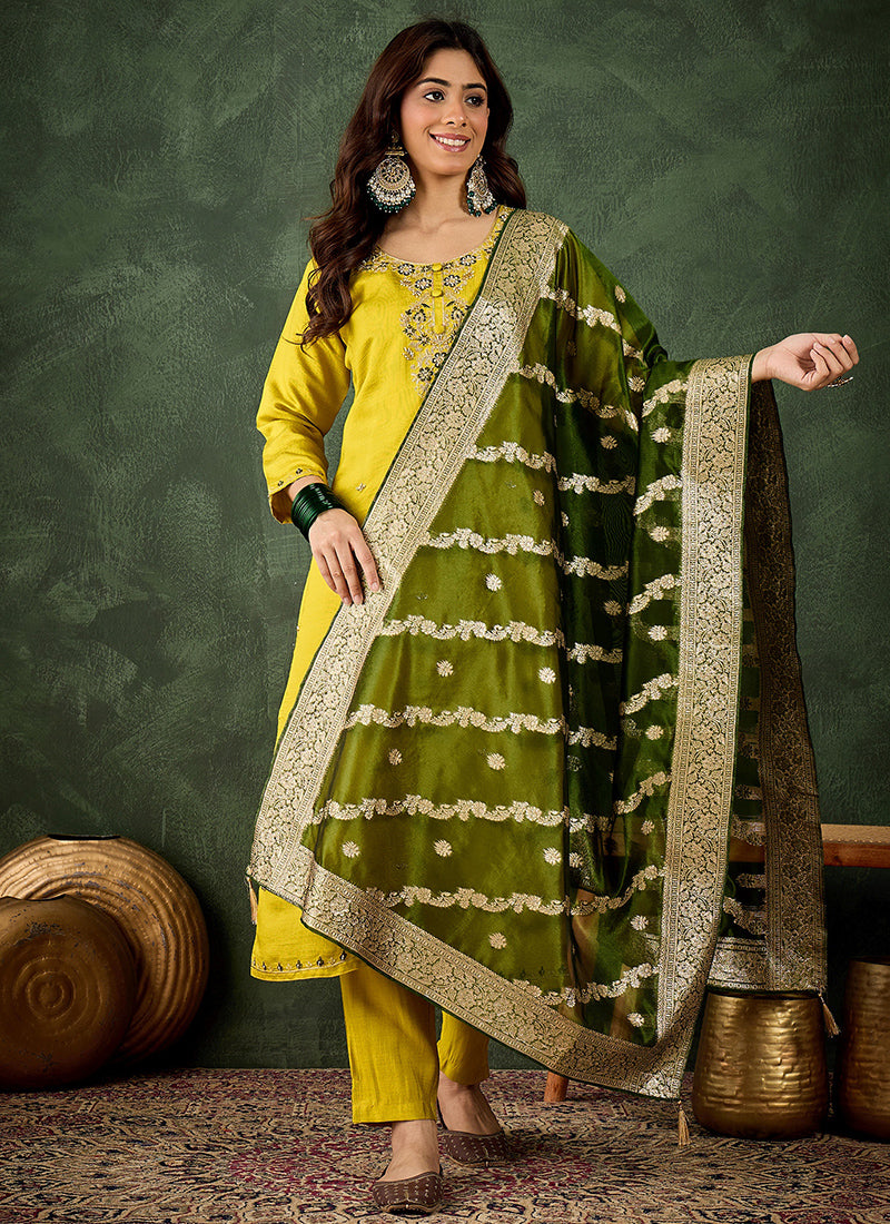 Parrot green viscose rayon embroidered salwar suit with straight pants