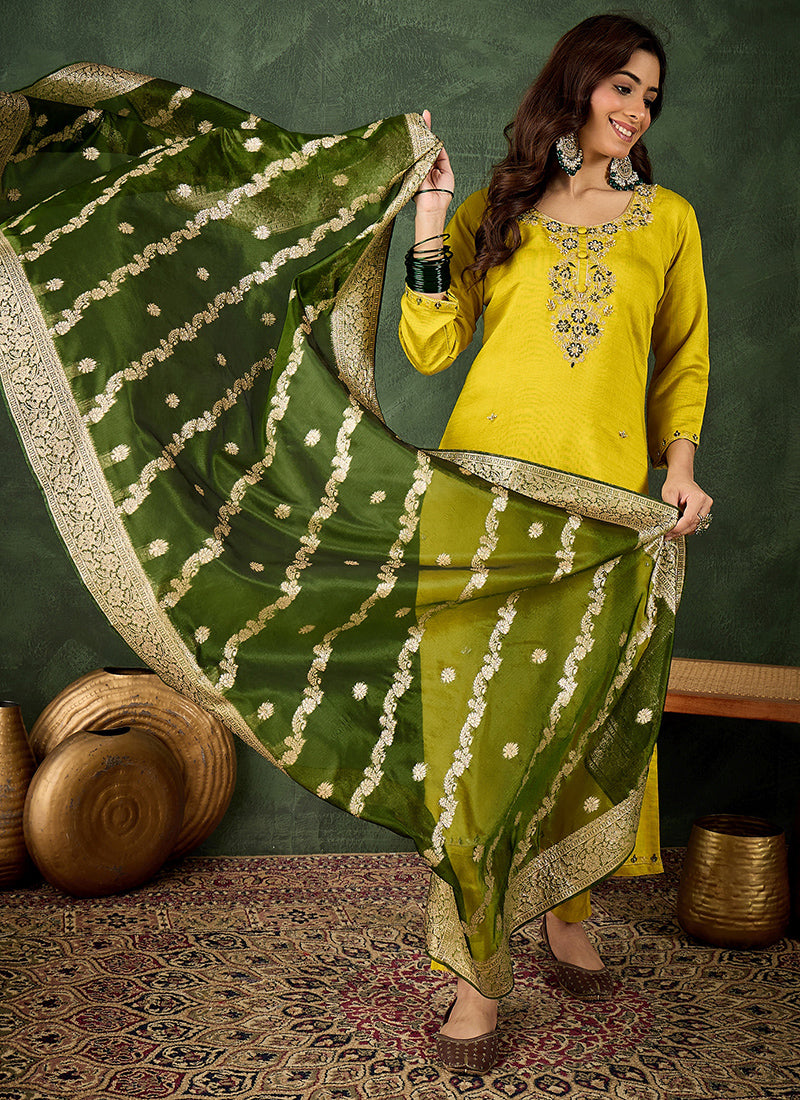 Readymade parrot green embroidered salwar suit with matching pants