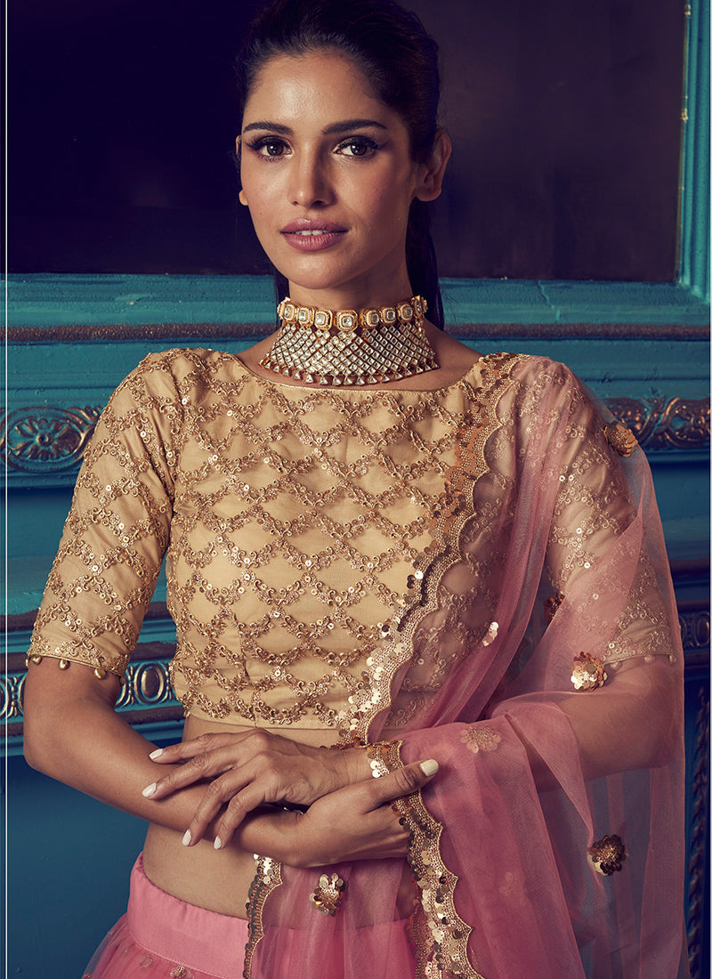 Pink and Gold Net Lehenga