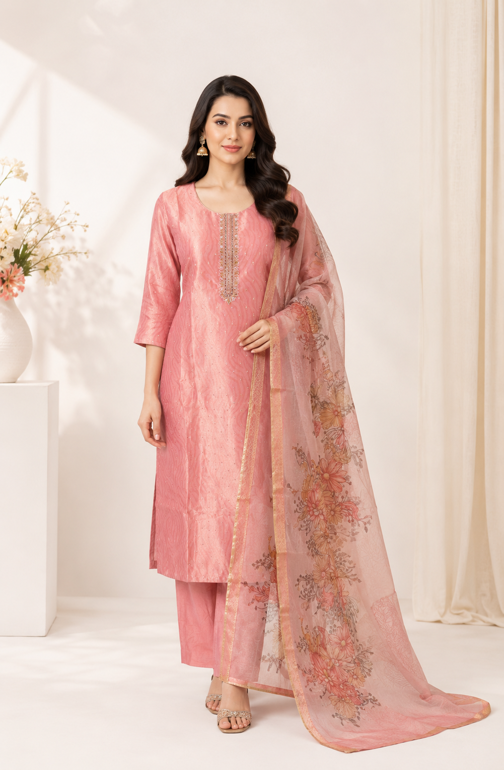 Pink Aura Floral Dupatta Suit
