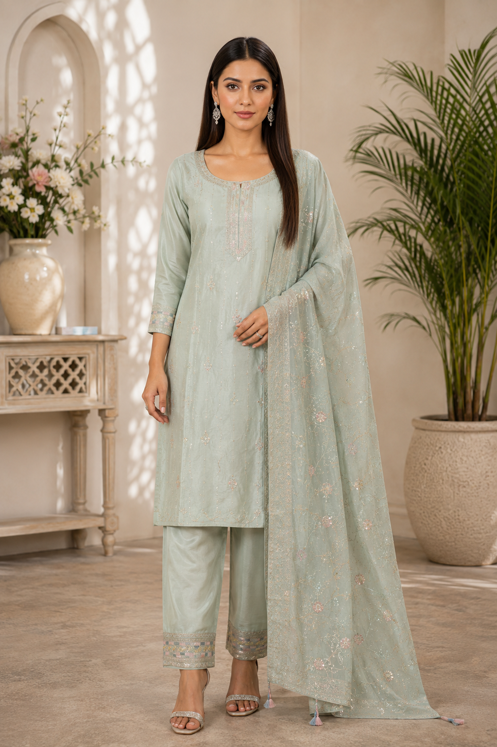Pista green embroidered salwar suit with floral dupatta for women