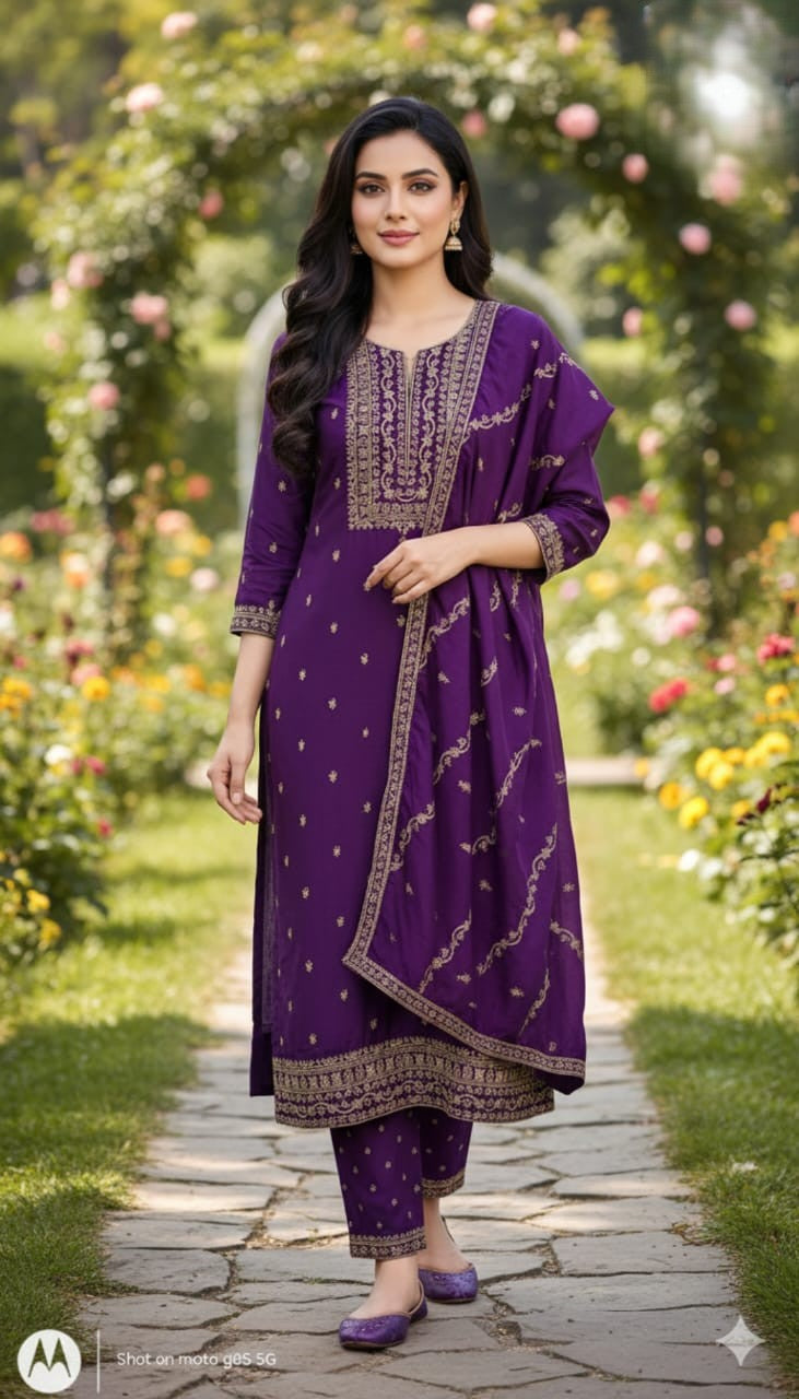 Purple Silk Salwar Suit with Gold Embroidery