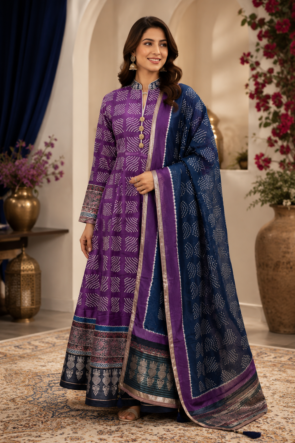 Purple silk digital print Anarkali suit with blue dupatta for women