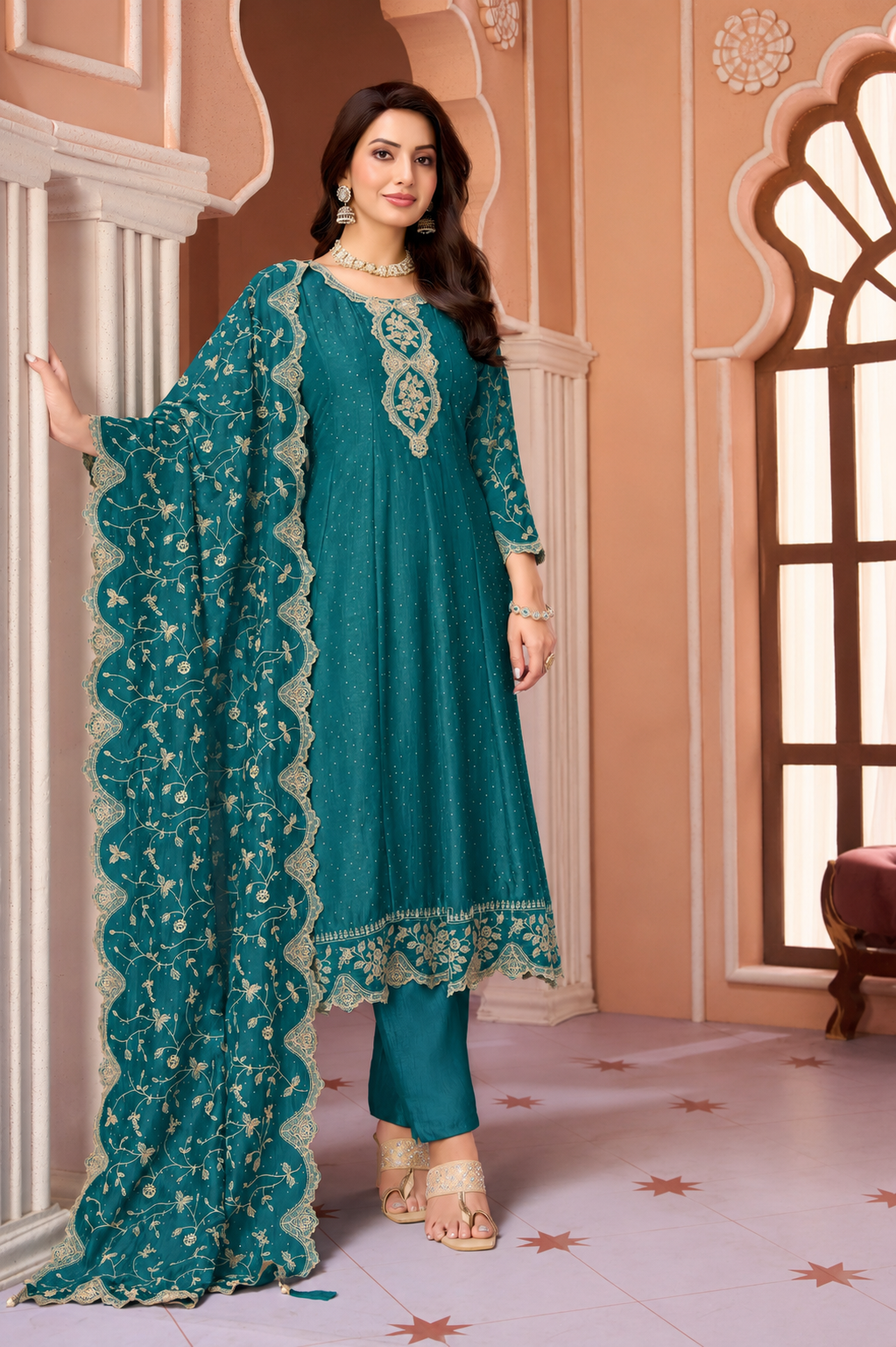 Teal Blue Embroidered Anarkali