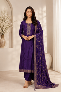 Purple Silk Embroidered Suit Set