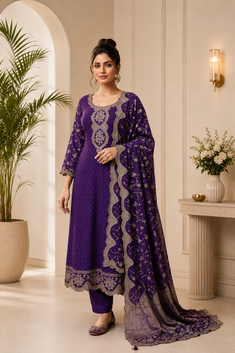 Royal purple embroidered Anarkali salwar suit with matching pants and floral embroidered dupatta