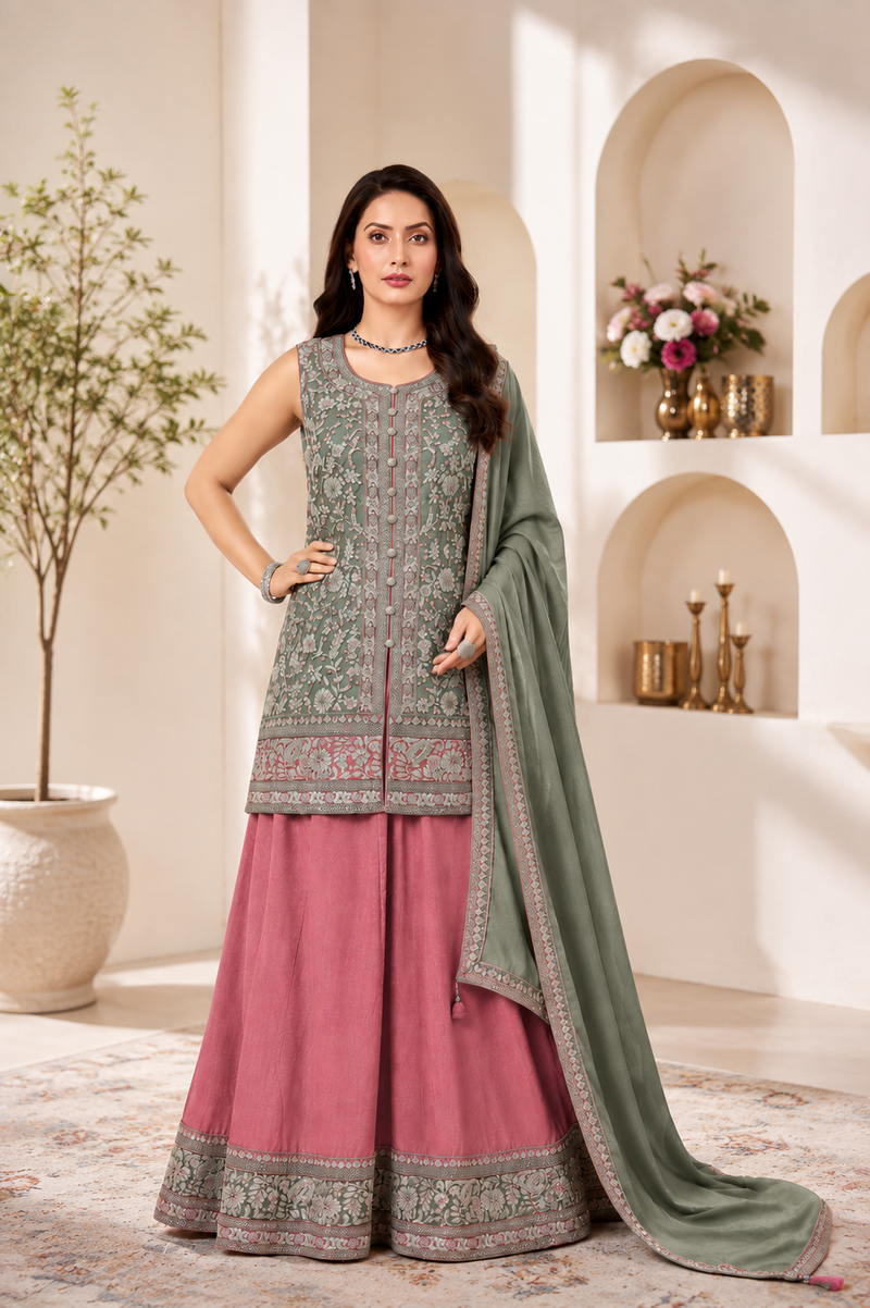 Sage Green Kurti + Dusty Rose Skirt + Sage Green Dupatta
