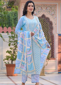 Light Sky Blue Cotton Embroidery Salwar