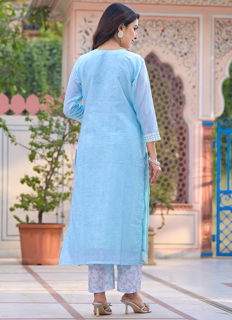 Light Sky Blue Cotton Embroidery Salwar