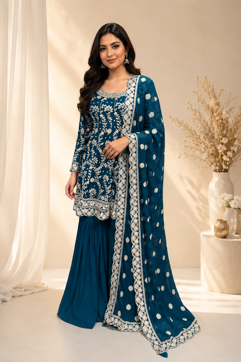Teal Blue Embroidery Gharara