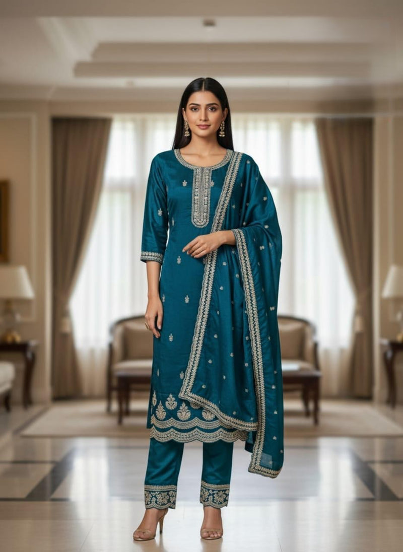 Teal Embroidery Kurta Set