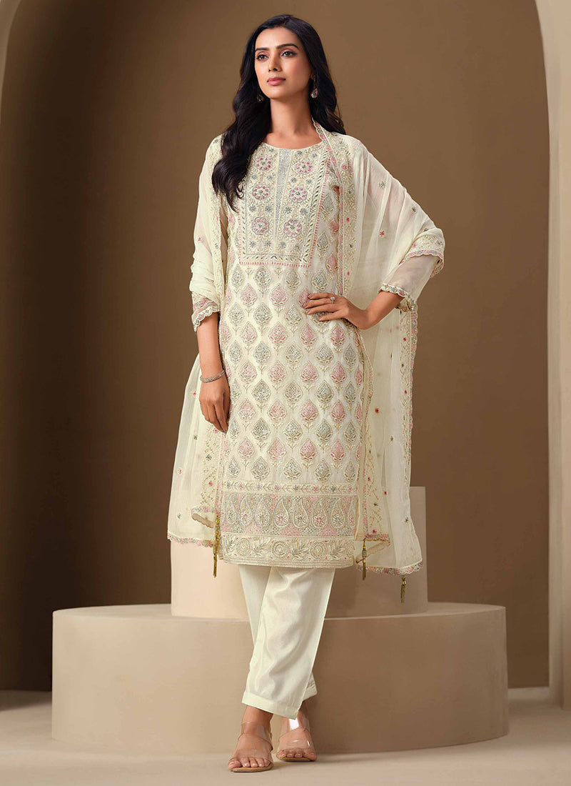 Off-White Crinkle Chiffon Lucknowi Salwar