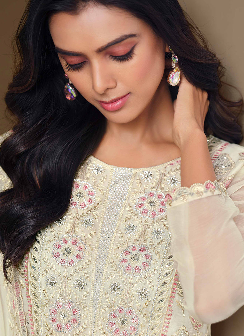 Off-White Crinkle Chiffon Lucknowi Salwar