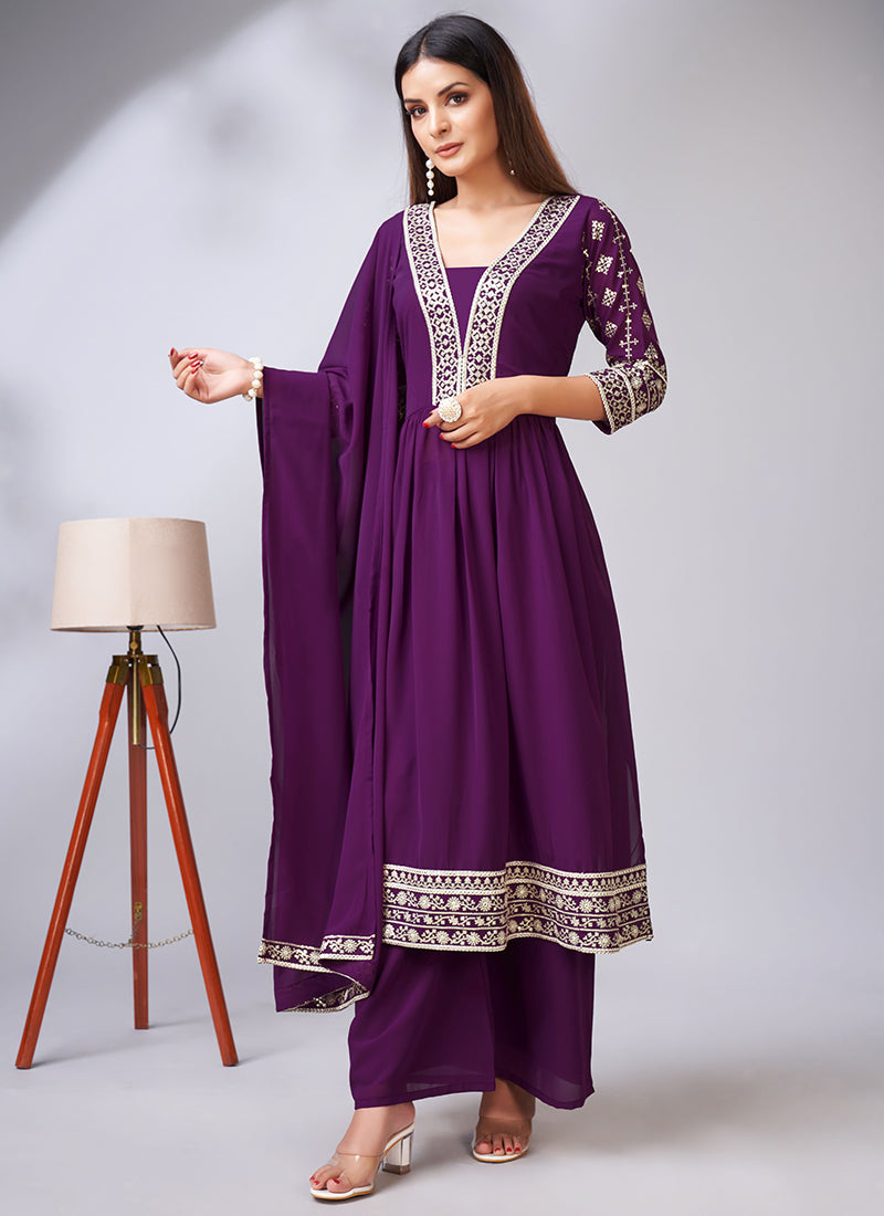 Wine Faux Georgette Traditional Wear