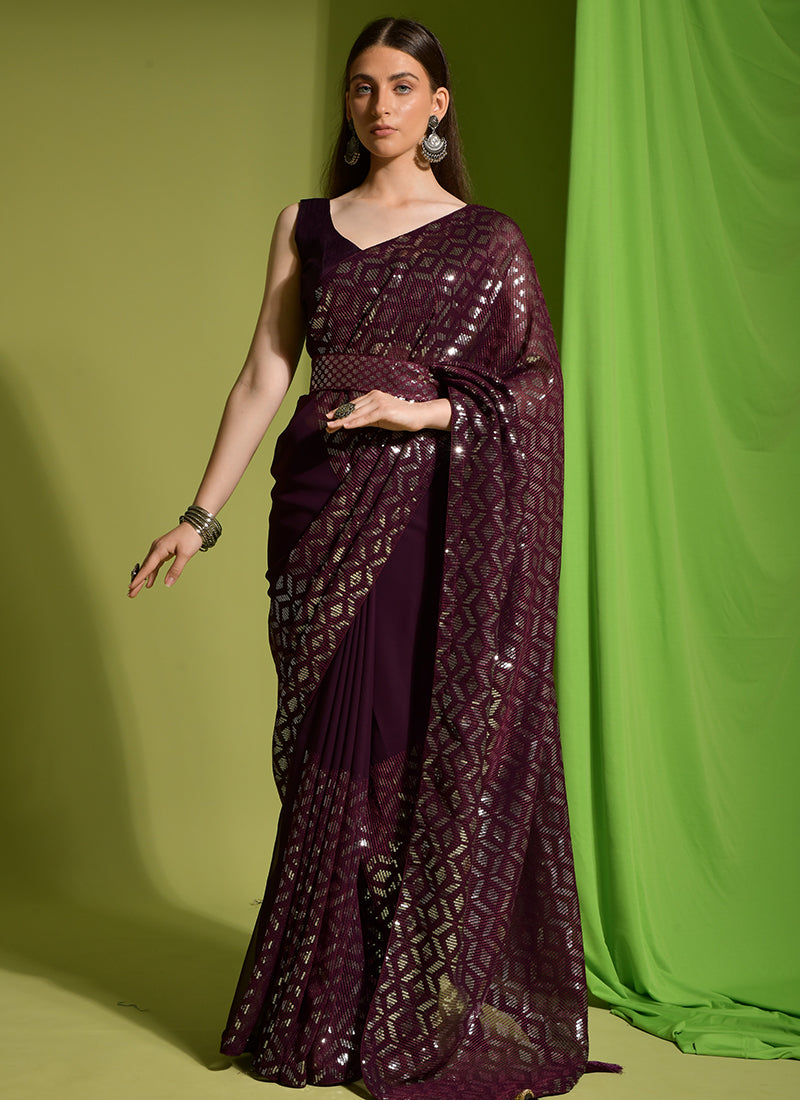 Wine Georgette Party Wear