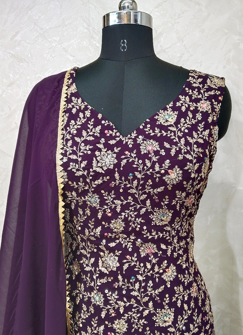 Wine Georgette Embroidery Sharara