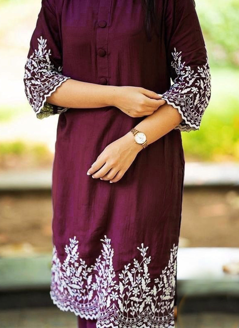 Wine Rayon Embroidery Coord Set