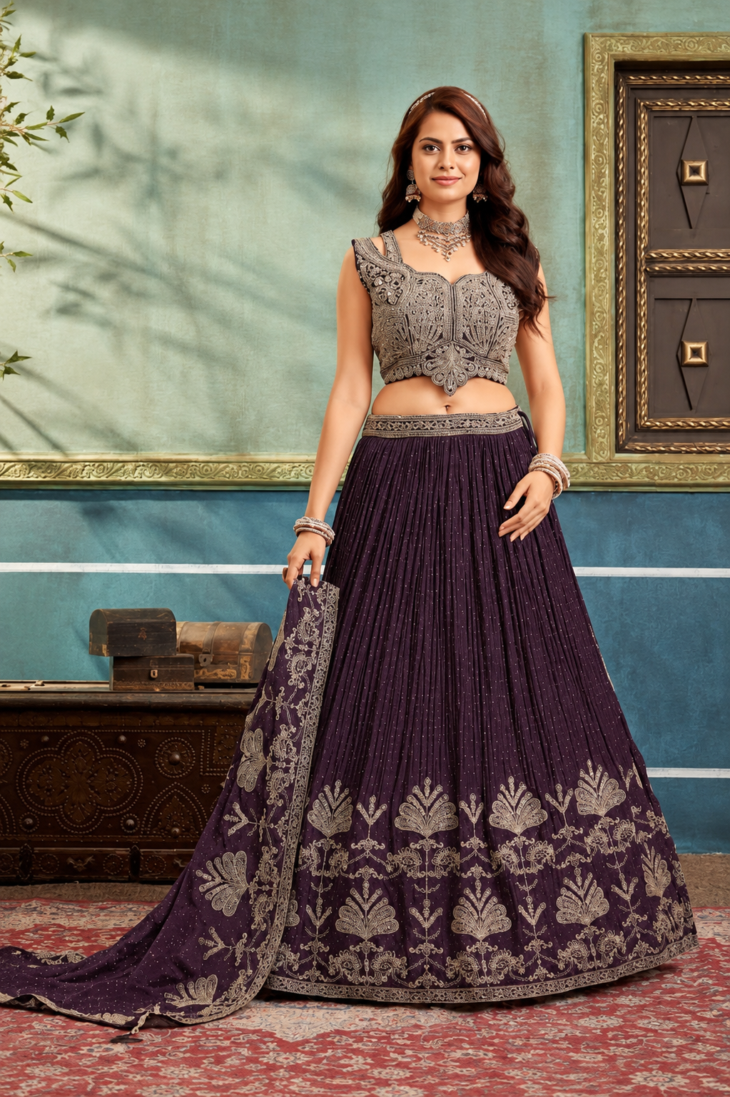 Deep plum embroidered lehenga choli with matching dupatta for Indian weddings