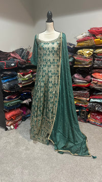 Green Silk Anarkali Suit with Gold Zari & Thread Work