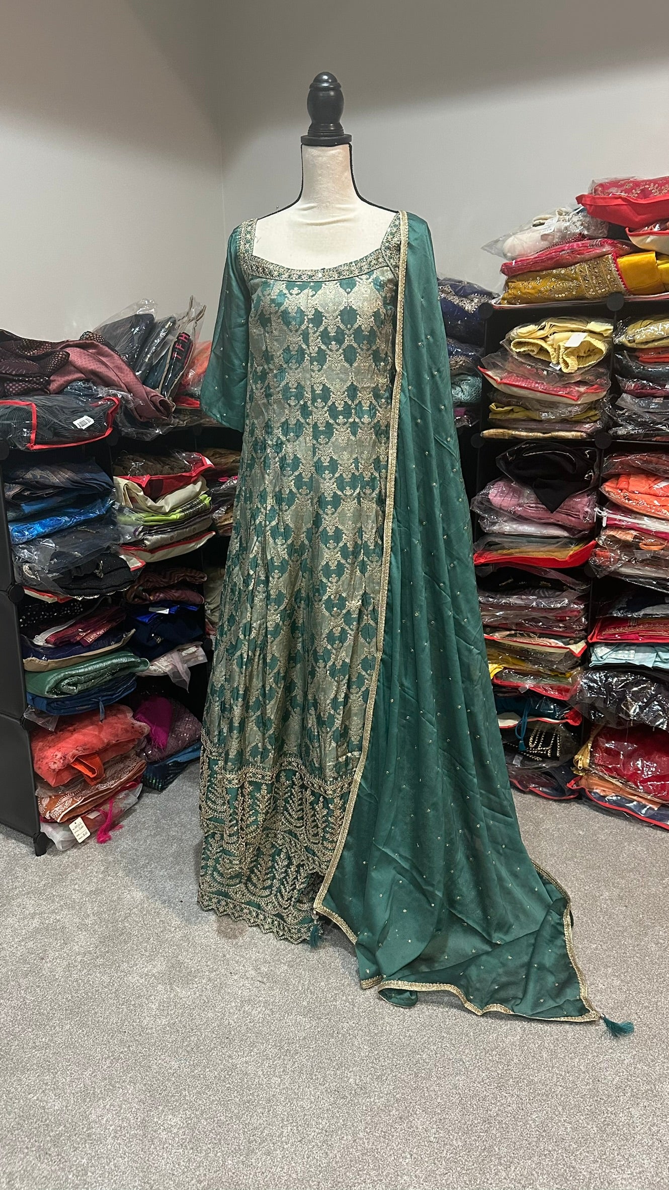 Green Silk Anarkali Suit with Gold Zari & Thread Work