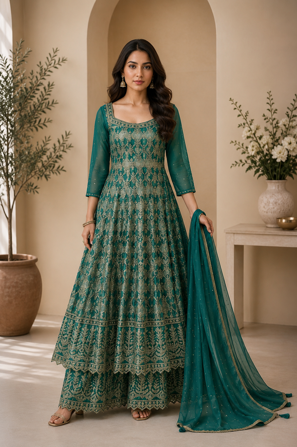 Green Silk Anarkali Suit with Gold Zari & Thread Work