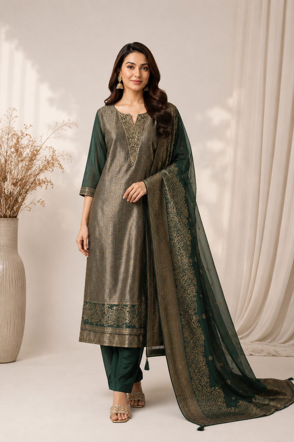 Midnight Emerald Green Silk Salwar Suit
