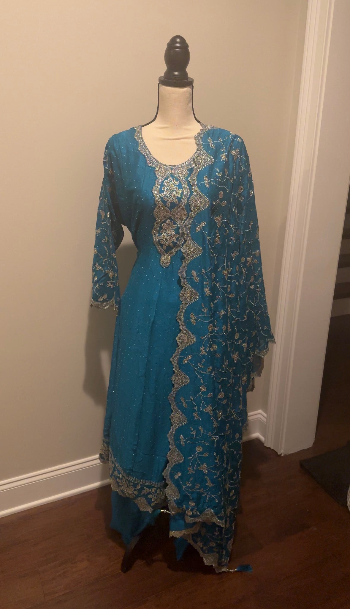 Teal silk Anarkali with gold patchwork embroidery and matching dupatta