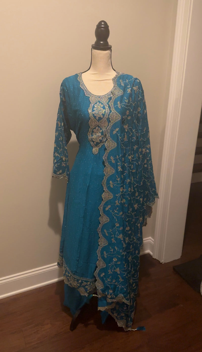 Teal silk Anarkali with gold patchwork embroidery and matching dupatta