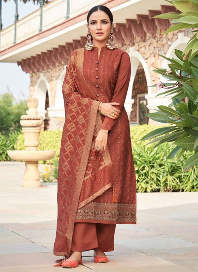 Rusty Brown Tussar Satin Palazzo Suit