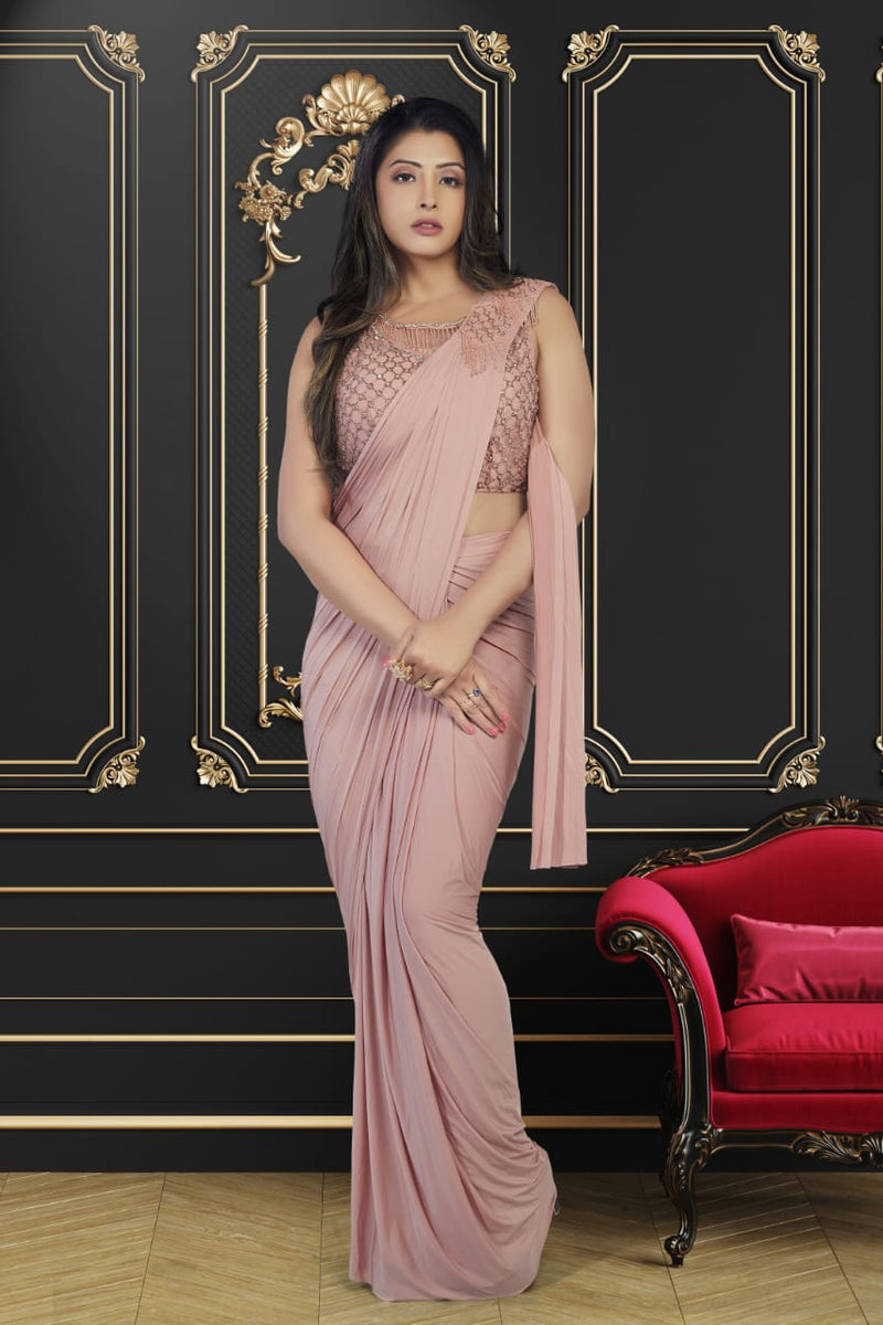 Ready-To-Wear Soft Pink Lycra Corsaged Pallu Saree