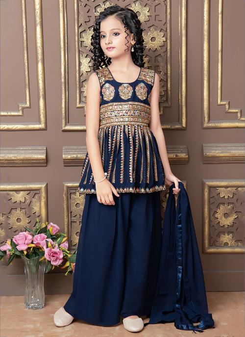 Navy Blue Embroidery Sharara Suit