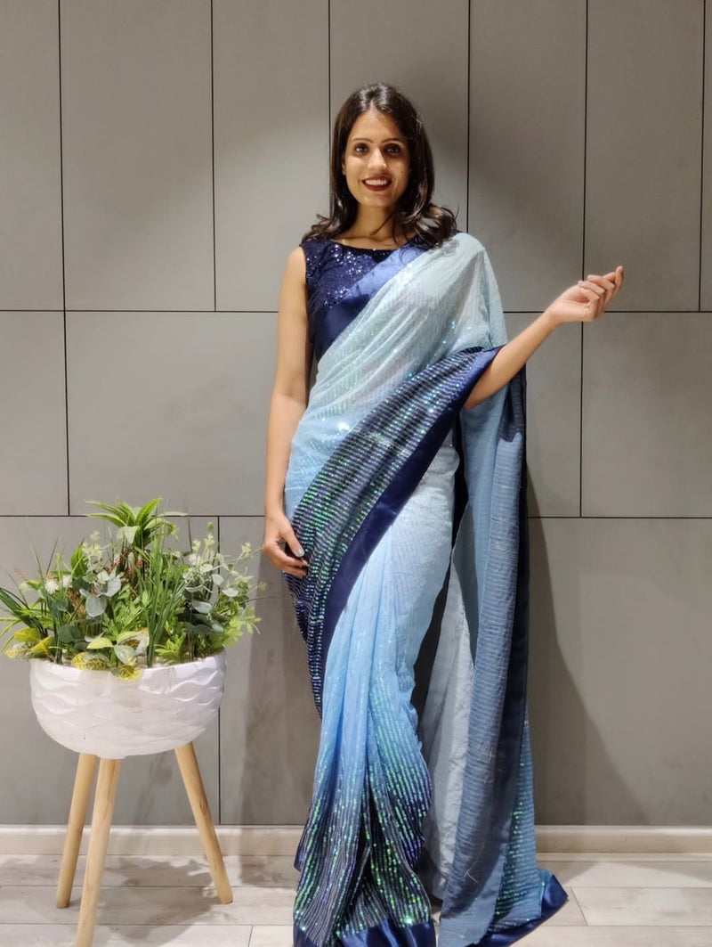 Ready-To-Wear Blue Sequins Saree