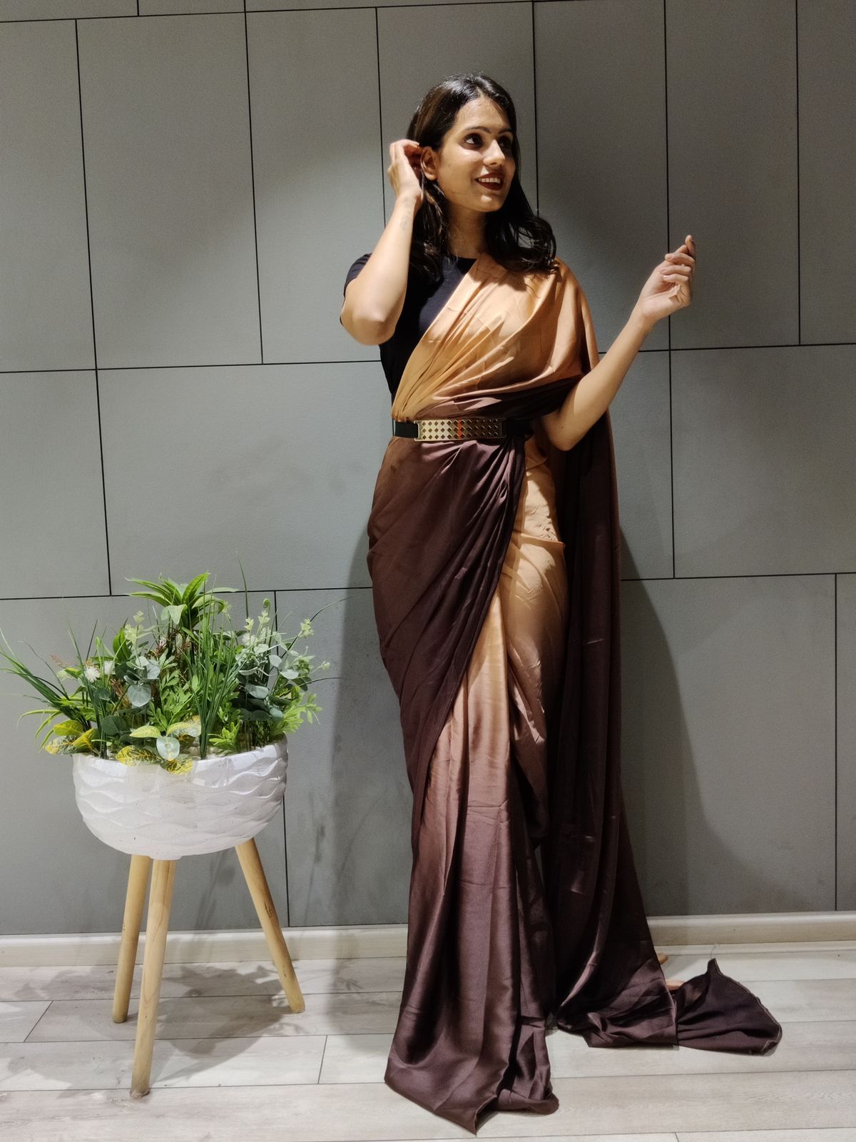 Coffee saree with Stone Work,Embroidery Blouse Satin - SR19914